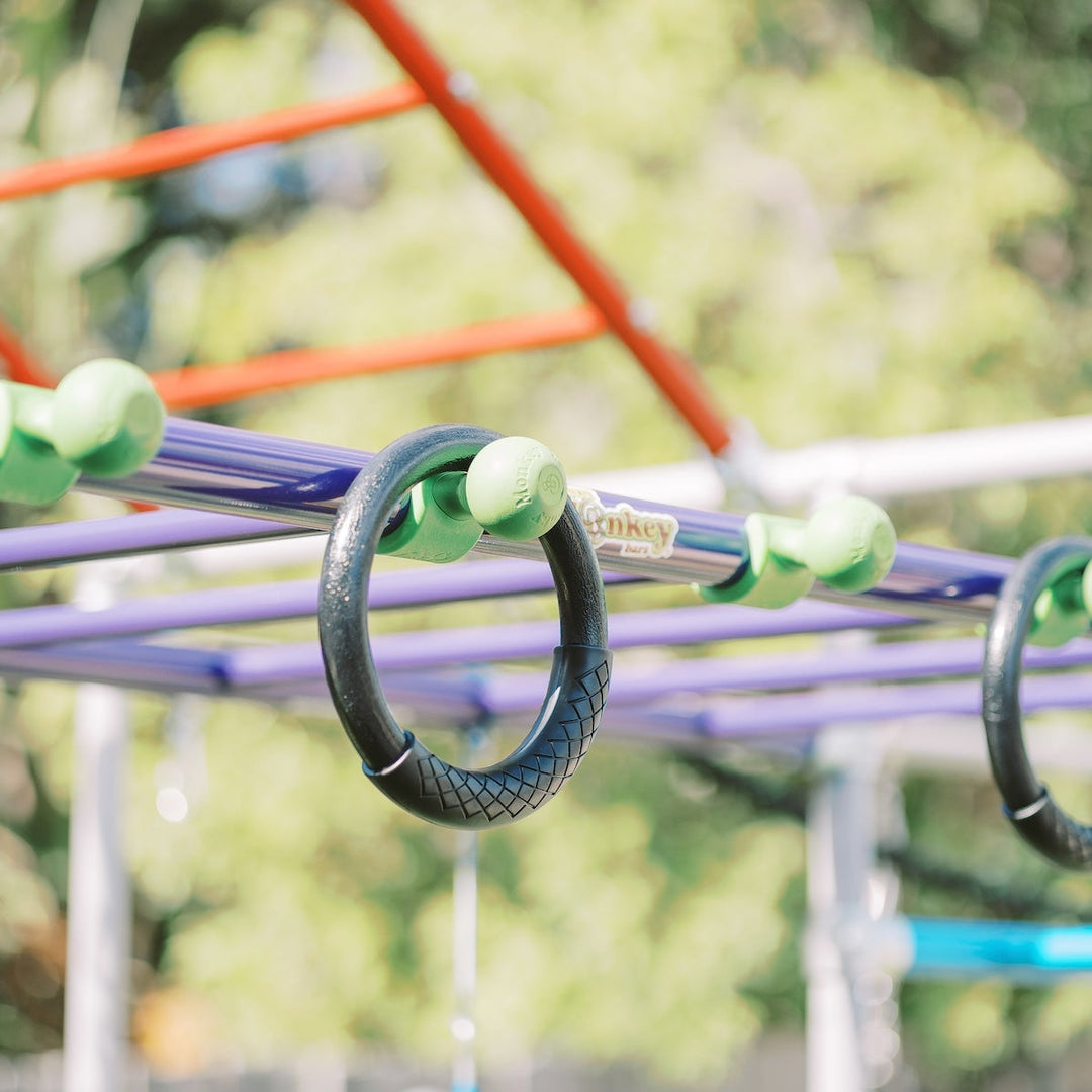 Close-up of a black gym ring on a purple Funky Monkey Bars frame, with green stoppers. Red bars, a blue grip ball, and blurred trees fill the sunny background.