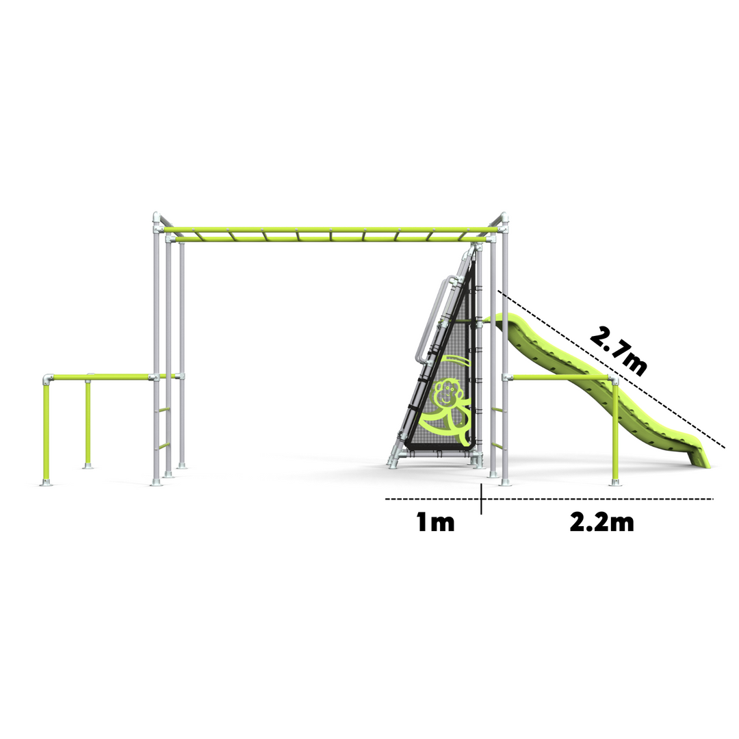 Funky Monkey Bars Outdoor playground equipment with dimensions labeled